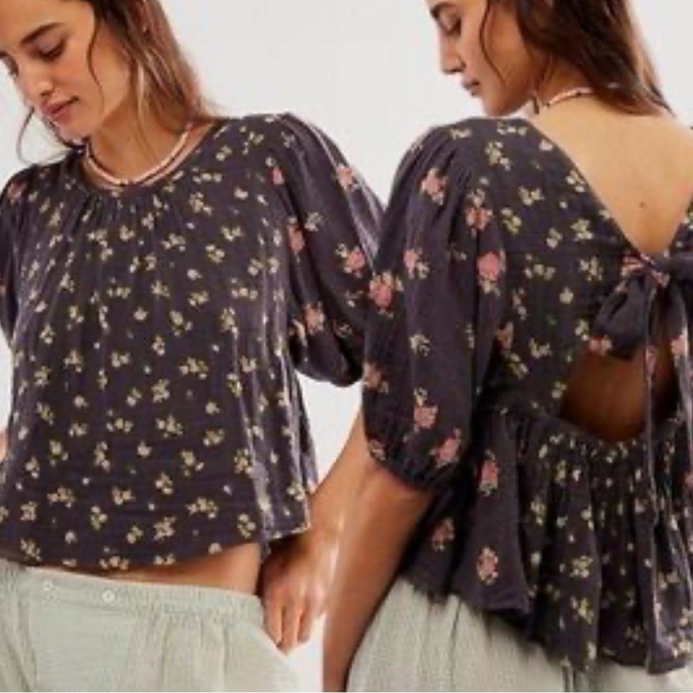 Free people NWT Xs bow back tie floral rose cropped babydoll tunic top